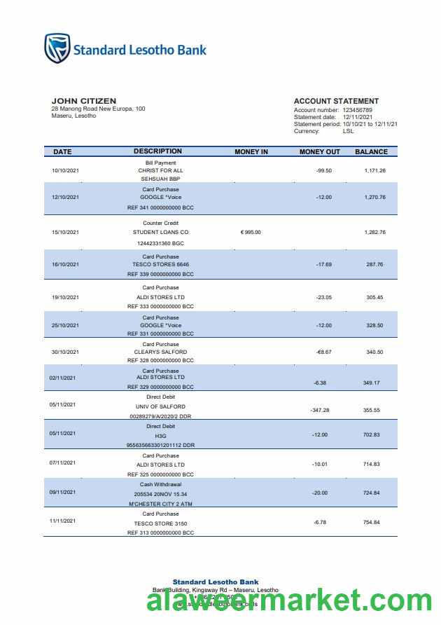Lesotho Standard Lesotho Bank statement